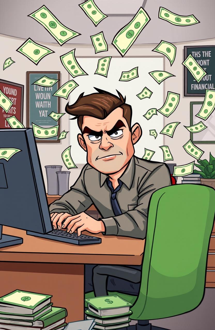 A serious and focused cartoon man sitting at his computer intensely working, surrounded by flying money notes in various denominations swirling around him, signifying wealth and success