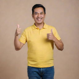 A cheerful and handsome 52-year-old Malay man, dressed in a loose yellow collared t-shirt and jeans, proudly showcasing his comfortable tummy