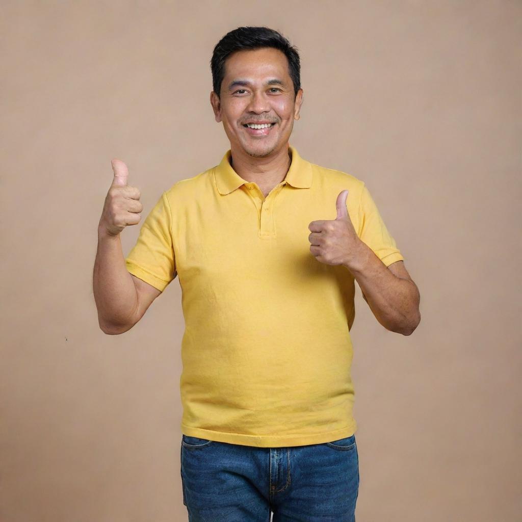 A cheerful and handsome 52-year-old Malay man, dressed in a loose yellow collared t-shirt and jeans, proudly showcasing his comfortable tummy