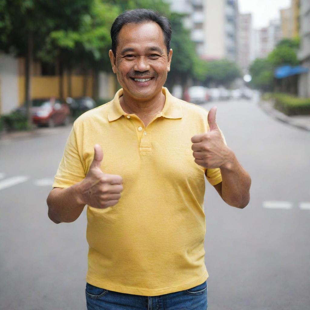 A cheerful and handsome 52-year-old Malay man, dressed in a loose yellow collared t-shirt and jeans, proudly showcasing his comfortable tummy