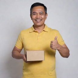 A cheerful and handsome 52-year-old Malay man, dressed in a loose yellow collared t-shirt and jeans, proudly showcasing his comfortable tummy