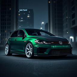 A striking dark green Mk7 Volkswagen Golf parked in a shadowy urban environment at night