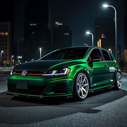 A striking dark green Mk7 Volkswagen Golf parked in a shadowy urban environment at night
