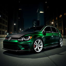 A striking dark green Mk7 Volkswagen Golf parked in a shadowy urban environment at night