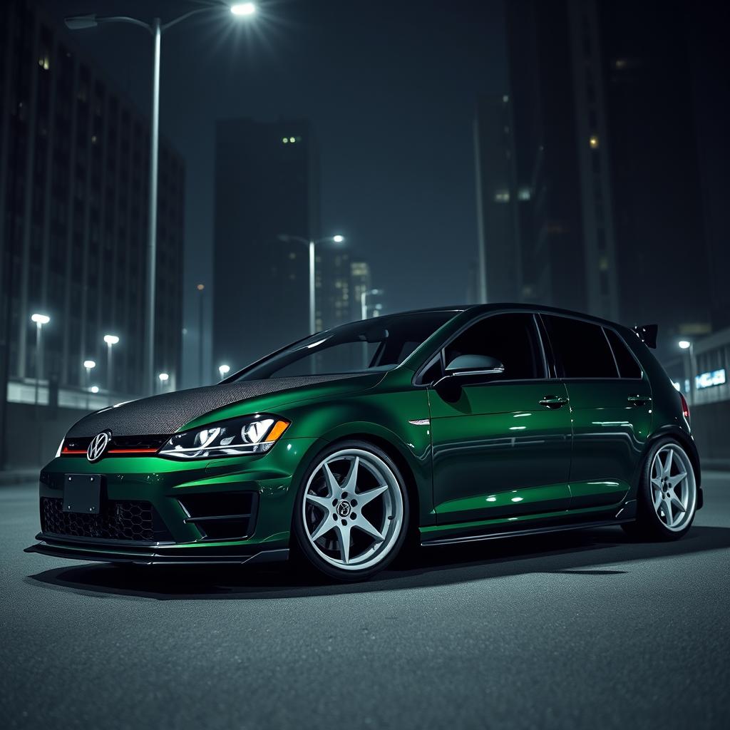 A striking dark green Mk7 Volkswagen Golf parked in a shadowy urban environment at night