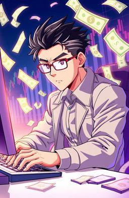 A serious focused anime man sitting at a computer, surrounded by flying money notes in various denominations, showcasing a dynamic and energetic atmosphere