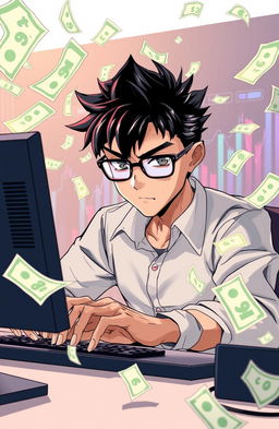 A serious focused anime man sitting at a computer, surrounded by flying money notes in various denominations, showcasing a dynamic and energetic atmosphere