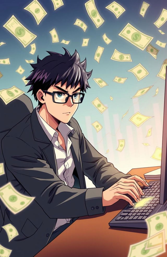 A serious focused anime man sitting at a computer, surrounded by flying money notes in various denominations, showcasing a dynamic and energetic atmosphere