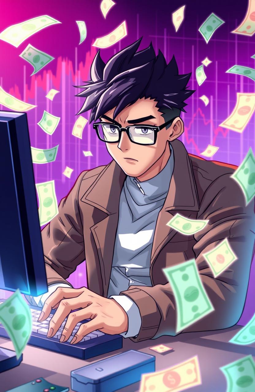 A serious focused anime man sitting at a computer, surrounded by flying money notes in various denominations, showcasing a dynamic and energetic atmosphere