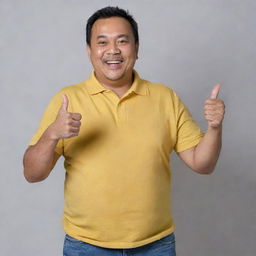 A jovial and handsome 52-year-old Malay man in a loose yellow collared t-shirt and jeans, confidently representing his comfortable tummy