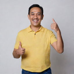 A jovial and handsome 52-year-old Malay man in a loose yellow collared t-shirt and jeans, confidently representing his comfortable tummy