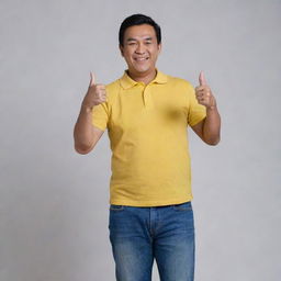 A jovial and handsome 52-year-old Malay man in a loose yellow collared t-shirt and jeans, confidently representing his comfortable tummy