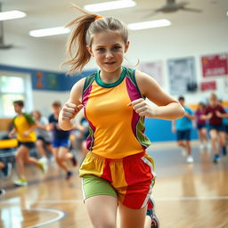 A teenage girl in a sports class, struggling to run due to her exceptionally large breasts