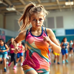 A teenage girl in a sports class, struggling to run due to her exceptionally large breasts