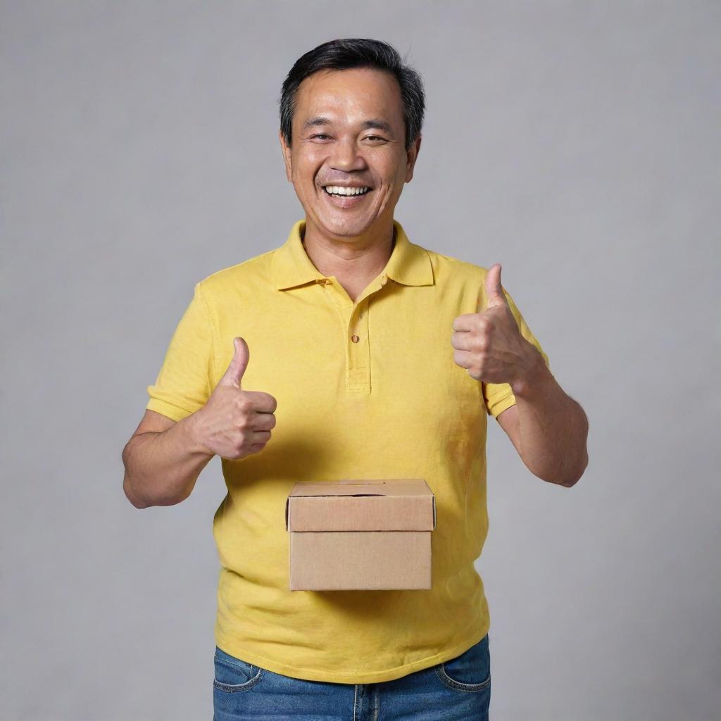 A jovial and handsome 52-year-old Malay man in a loose yellow collared t-shirt and jeans, confidently representing his comfortable tummy