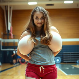 A teenage girl with notably oversized breasts that are disproportionately large compared to her body, causing her difficulty when trying to participate in sports class at school; she is wearing athletic clothing that attempts to accommodate her unique figure