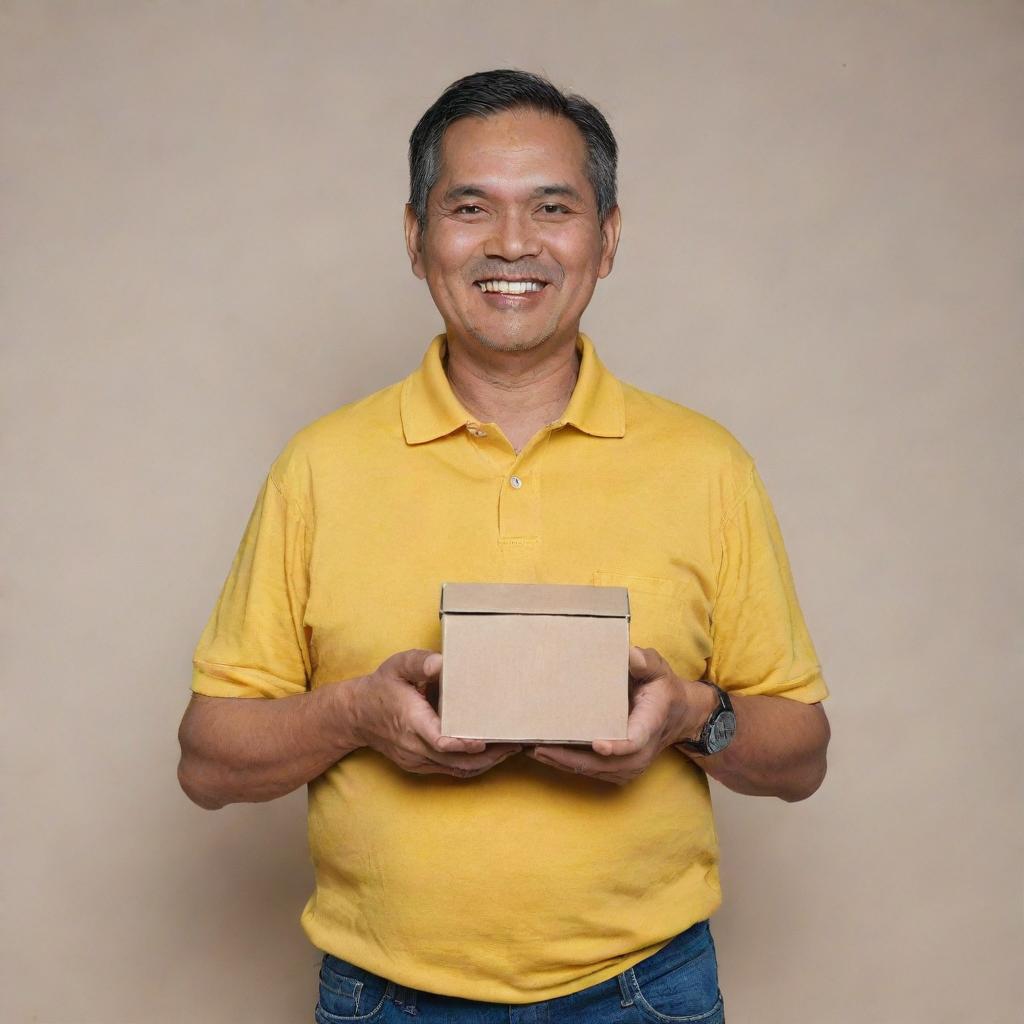 A cheerful and handsome 52-year-old Malay man, dressed in a relaxed-fitting yellow collared t-shirt and jeans, confidently displays his comfort tummy