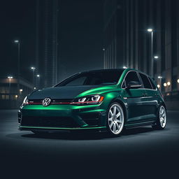 A dark green Mk7 Volkswagen Golf parked in a shadowy urban environment