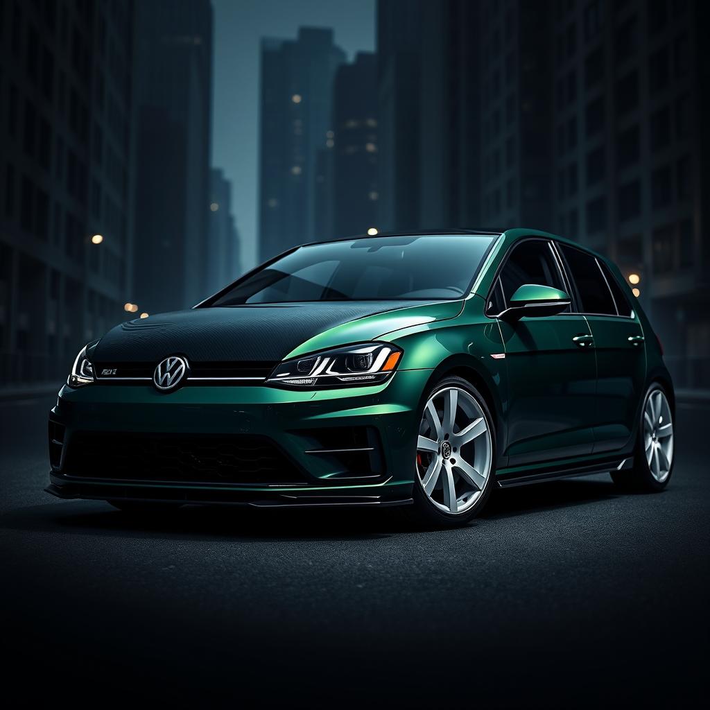 A dark green Mk7 Volkswagen Golf parked in a shadowy urban environment