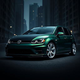 A dark green Mk7 Volkswagen Golf parked in a shadowy urban environment