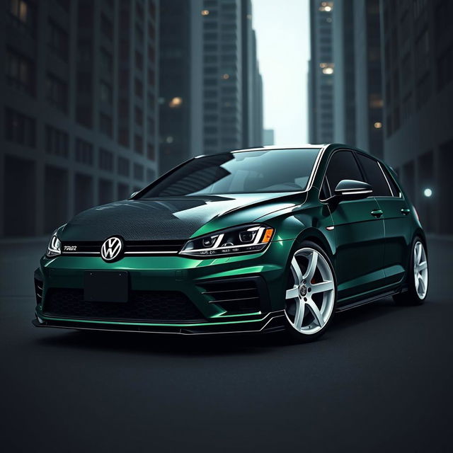 A dark green Mk7 Volkswagen Golf parked in a shadowy urban environment