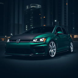 A dark green Mk7 Volkswagen Golf parked in a shadowy urban environment