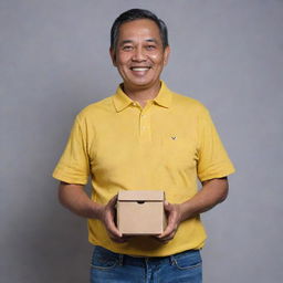 A cheerful and handsome 52-year-old Malay man, dressed in a relaxed-fitting yellow collared t-shirt and jeans, confidently displays his comfort tummy