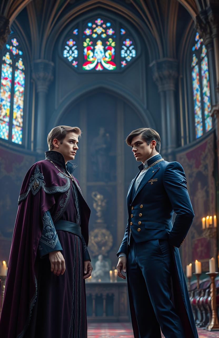 A dramatic scene set in a grand castle's throne room, with intricate Gothic architecture, high ceilings adorned with stained glass windows reflecting colorful light