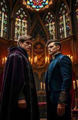 A dramatic scene set in a grand castle's throne room, with intricate Gothic architecture, high ceilings adorned with stained glass windows reflecting colorful light