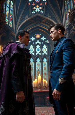 A dramatic scene set in a grand castle's throne room, with intricate Gothic architecture, high ceilings adorned with stained glass windows reflecting colorful light