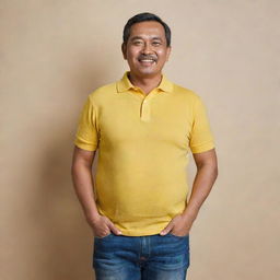 A cheerful and handsome 52-year-old Malay man, dressed in a relaxed-fitting yellow collared t-shirt and jeans, confidently displays his comfort tummy