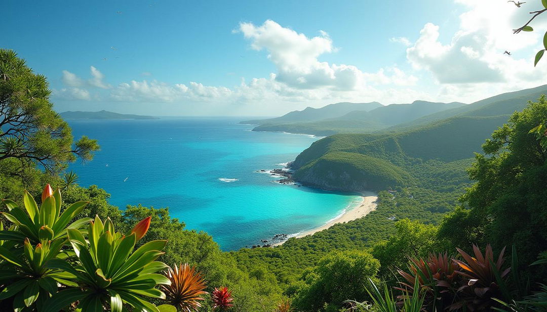 A stunning landscape of Nauru, showcasing the lush green vegetation interspersed with rocky terrain, views of the turquoise ocean surrounding the island, and the iconic cliffs along the coastline