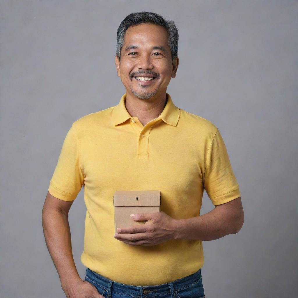 A cheerful and handsome 52-year-old Malay man, dressed in a relaxed-fitting yellow collared t-shirt and jeans, confidently displays his comfort tummy