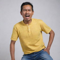 A handsome 52-year-old Malay man, clothed in a loose yellow collared t-shirt and jeans, grimacing in discomfort, depicting an attack of GERD and gastric pain