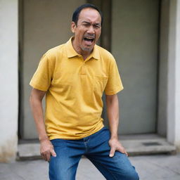 A handsome 52-year-old Malay man, clothed in a loose yellow collared t-shirt and jeans, grimacing in discomfort, depicting an attack of GERD and gastric pain