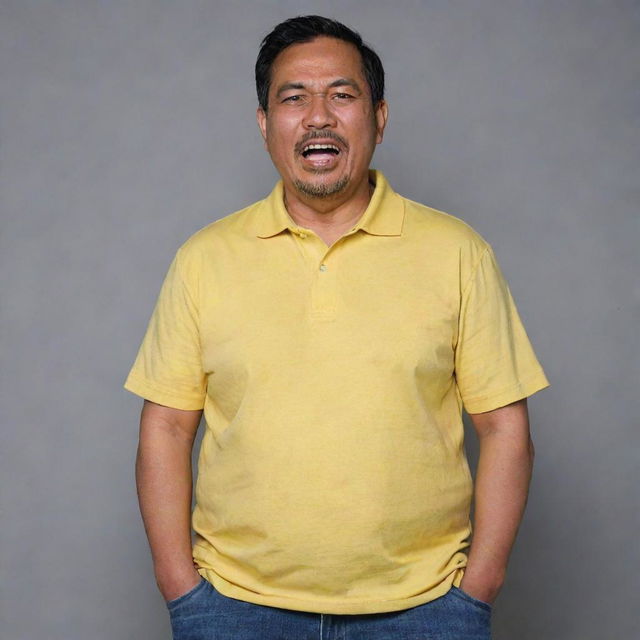 A handsome 52-year-old Malay man, clothed in a loose yellow collared t-shirt and jeans, grimacing in discomfort, depicting an attack of GERD and gastric pain