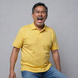 A handsome 52-year-old Malay man, clothed in a loose yellow collared t-shirt and jeans, grimacing in discomfort, depicting an attack of GERD and gastric pain