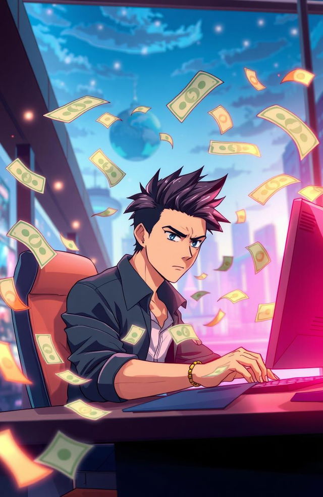 A serious, focused anime man sitting in front of a computer, intently working as money notes fly around him in a dynamic, energetic swirl