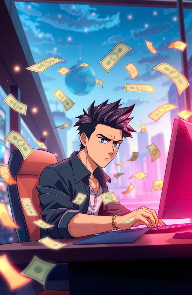 A serious, focused anime man sitting in front of a computer, intently working as money notes fly around him in a dynamic, energetic swirl