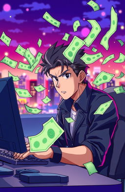 A serious, focused anime man sitting in front of a computer, intently working as money notes fly around him in a dynamic, energetic swirl