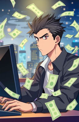 A serious, focused anime man sitting in front of a computer, intently working as money notes fly around him in a dynamic, energetic swirl