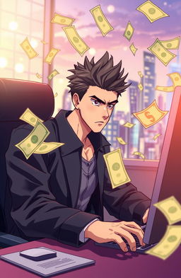 A serious, focused anime man sitting in front of a computer, intently working as money notes fly around him in a dynamic, energetic swirl