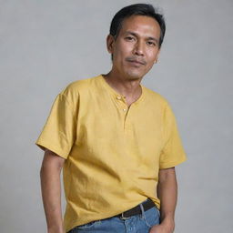 A handsome 52-year-old Malay man is dressed in a loose yellow collared t-shirt and jeans