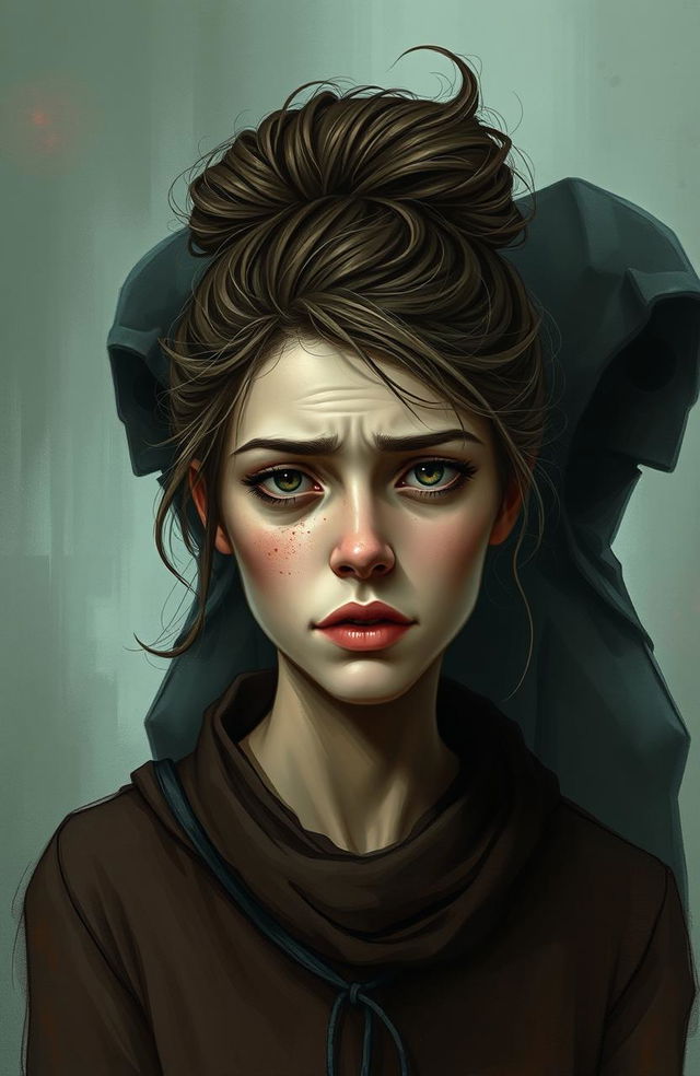 A book cover art featuring a young woman with a messy bun, her face intentionally depicted as unattractive, showcasing emotional turmoil