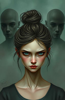 A book cover art featuring a young woman with a messy bun, her face intentionally depicted as unattractive, showcasing emotional turmoil