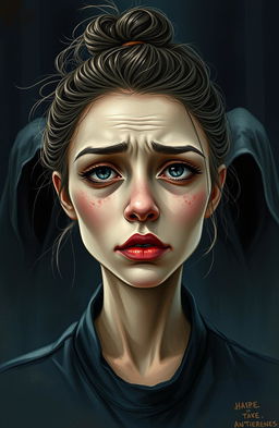 A book cover art featuring a young woman with a messy bun, her face intentionally depicted as unattractive, showcasing emotional turmoil