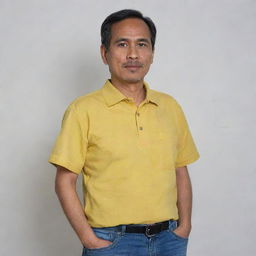 A handsome 52-year-old Malay man is dressed in a loose yellow collared t-shirt and jeans