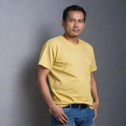 A handsome 52-year-old Malay man is dressed in a loose yellow collared t-shirt and jeans