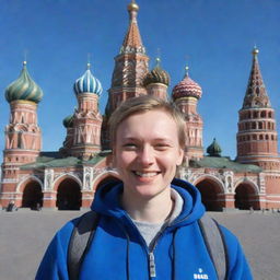 A modern volunteer in Russia, donned in casual attire, standing in front of a recognizable Russian landmark with a big-hearted smile