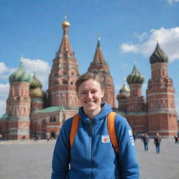 A modern volunteer in Russia, donned in casual attire, standing in front of a recognizable Russian landmark with a big-hearted smile